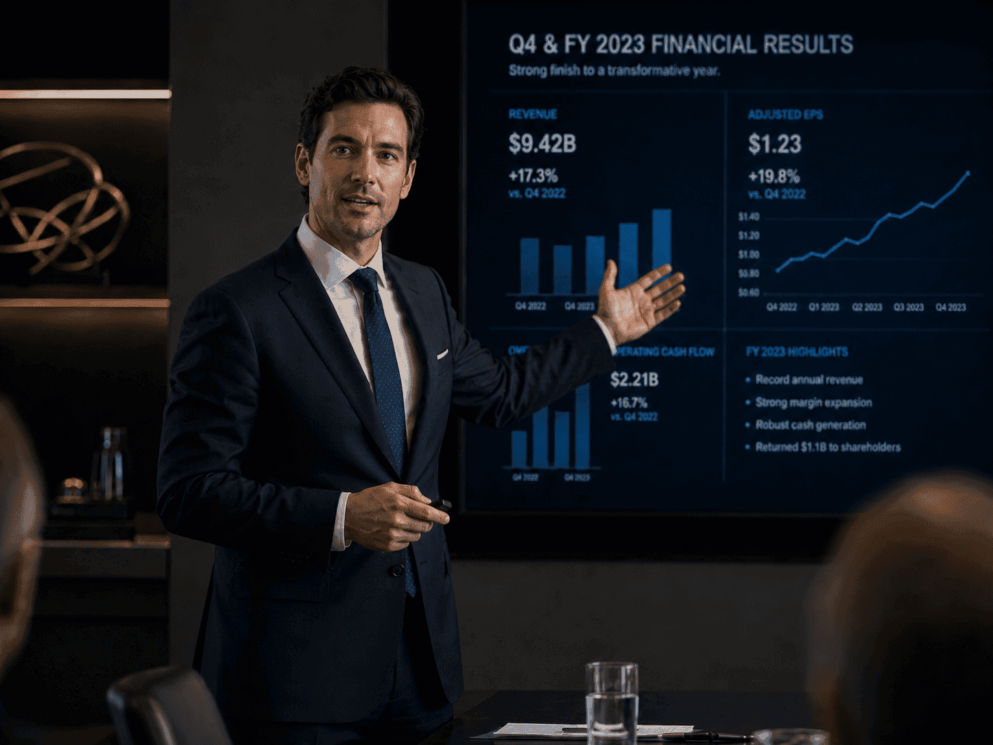 Business leaders discussing an analytical report in an office.