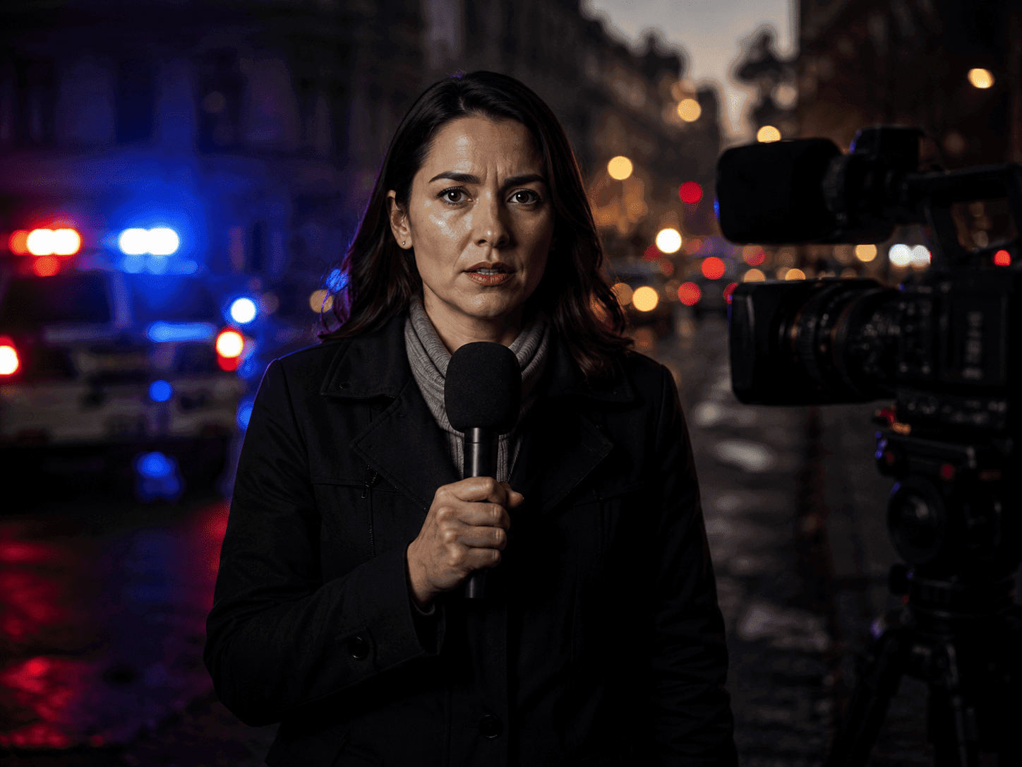 A journalist reporting with a professional camera in a city.