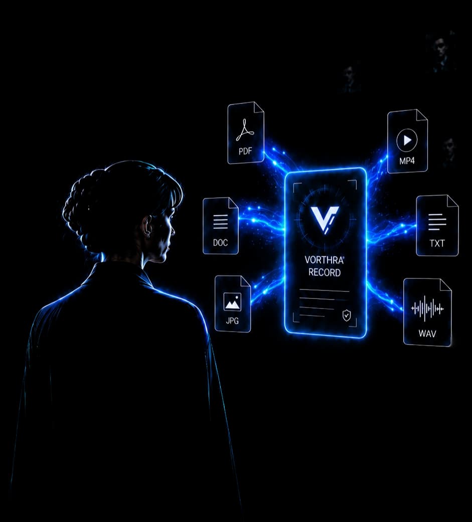 A person viewing a Vorthra record connected to PDF, image, video, and audio files